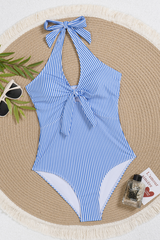 Women Blue White Striped Halter Tie Knot One Piece Swimsuit