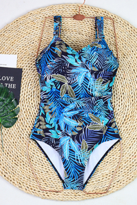 Women's One Piece Suit - Wide Strap U-Neck Leaf Print Plus