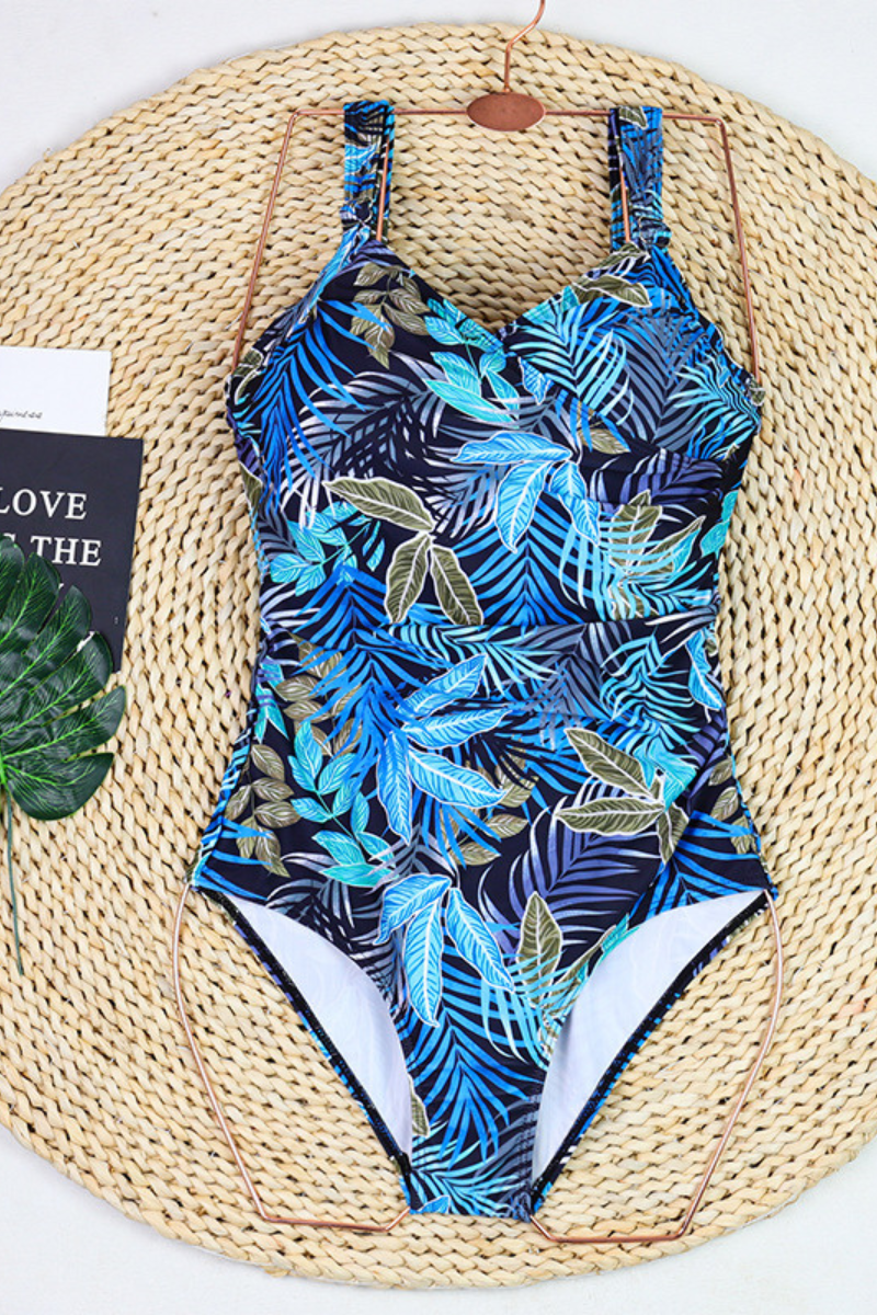 Women's One Piece Suit - Wide Strap U-Neck Leaf Print Plus