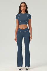 Women's Color‑Contrast Cropped T-shirt & Flared Pants Set