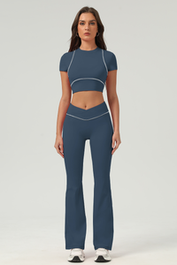 Women's Color‑Contrast Cropped T-shirt & Flared Pants Set