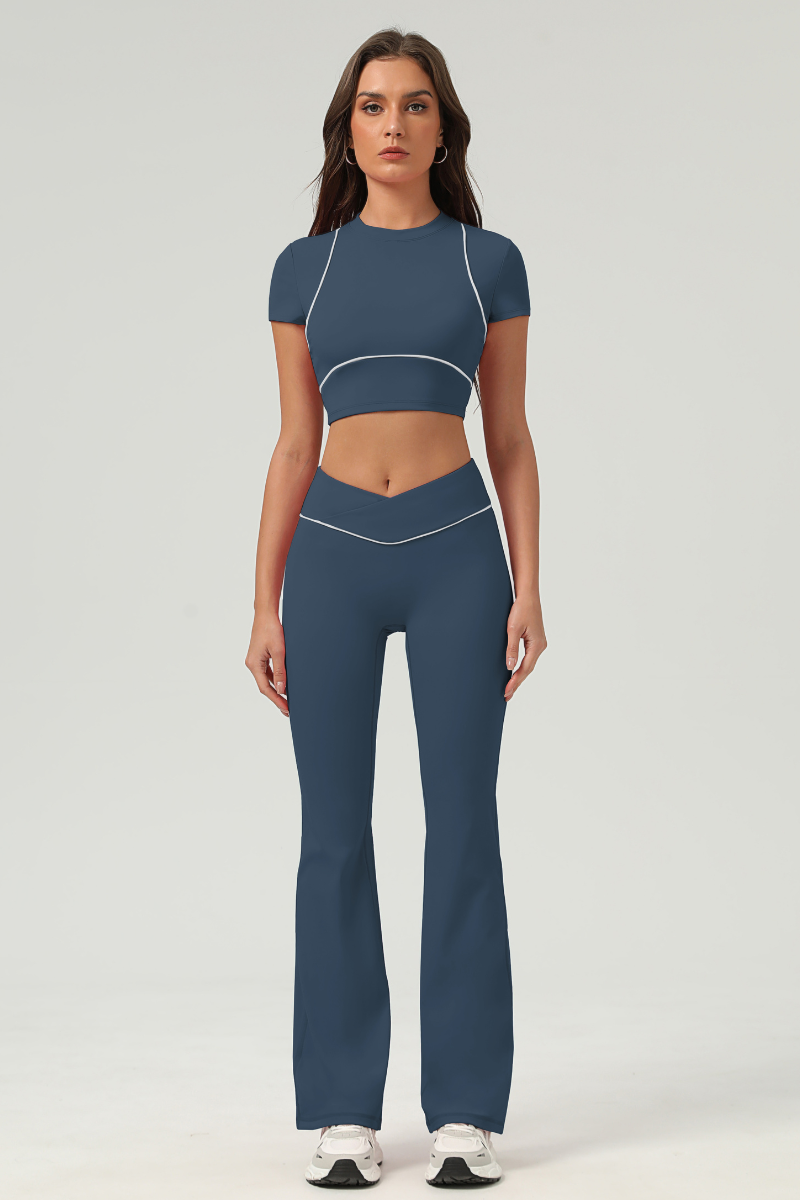 Women's Color‑Contrast Cropped T-shirt & Flared Pants Set