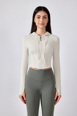 Women Hooded Drawstring Short Slim Outdoor Sports Fitness Yoga Jacket