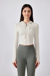 Women Hooded Drawstring Short Slim Outdoor Sports Fitness Yoga Jacket