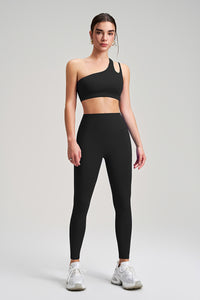Women Single Shoulder Backless Yoga Set: Crisscross Strap Sports Bra + High Waist Leggings