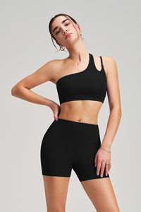 Women Single Shoulder Backless Yoga Set: Crisscross Strap Sports Bra + Shorts