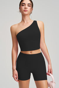 Women Single Shoulder Quick Dry Waist Shaping Yoga Set: Short Sleeve Bra + Shorts