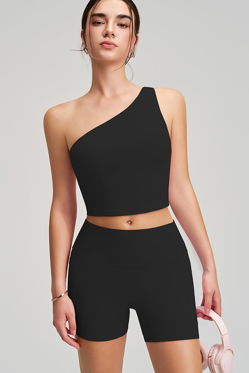 Women Single Shoulder Quick Dry Waist Shaping Yoga Set: Short Sleeve Bra + Shorts