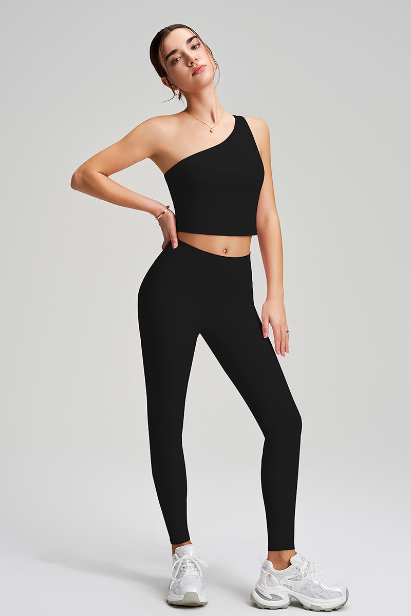 Women Single Shoulder Quick Dry Waist Shaping Yoga Set: Short Sleeve Bra + Leggings