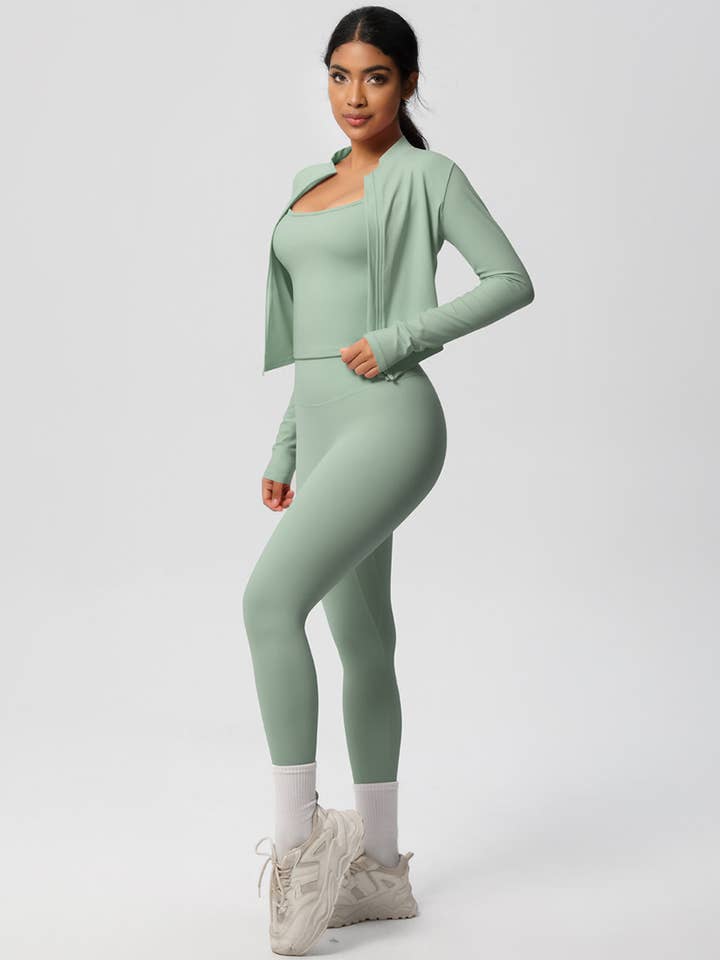 Women Activewear Set:Slim Fit Sports Bra+Zip Jacket+Leggings