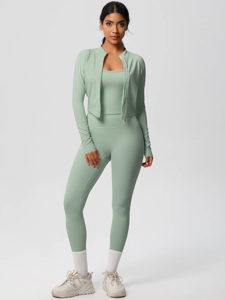 Women Activewear Set:Slim Fit Sports Bra+Zip Jacket+Leggings