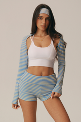 Women's Striped Long Sleeve Shrug & High Waist Shorts Set
