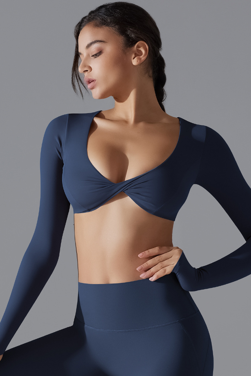 Women' Athletic Twist-Front V-Neck Long Sleeves T-shirt