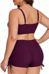 Plus Size Women's Pleated Drawstring Solid Bikini