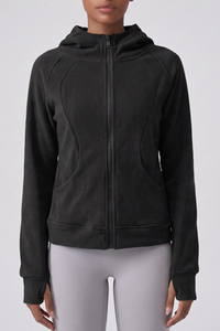Women's Winter Fleece Zip Up Finger Cuffs Hooded Jacket