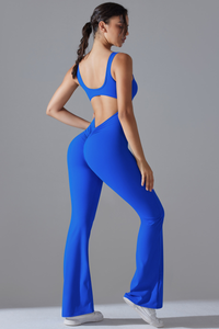 Women's U-neck Pleated Buttocks Lift Flared Pants Jumpsuit