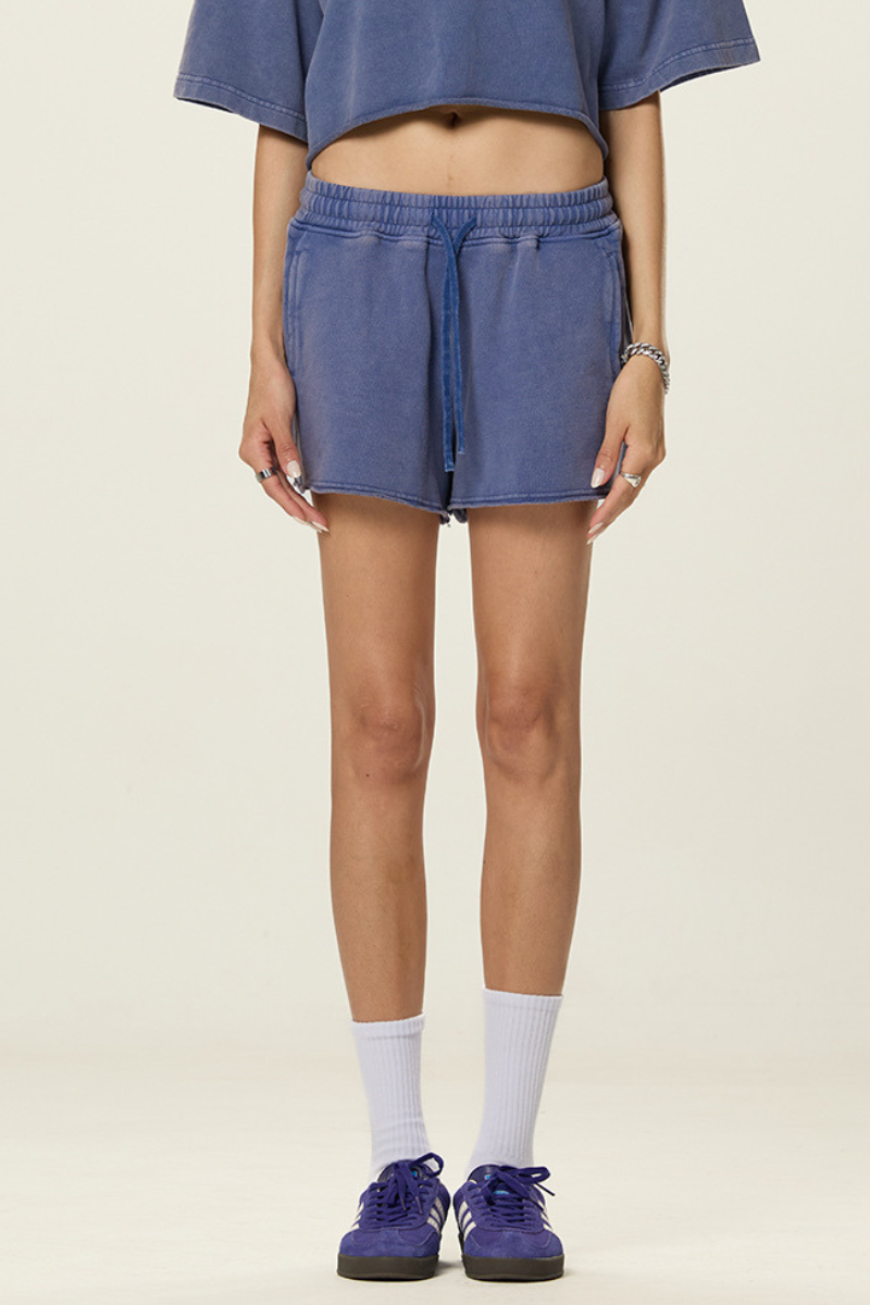 Women's Cotton Raw Hem Shorts - Vintage Wash Straight Drawstring