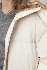 Women's hooded mid-length cotton jacket with waist tie.