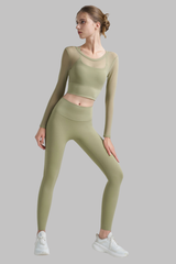 Women's Yoga Sets:Faux Two-Piece Long Sleeve Top And Legging