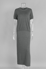 Short-sleeved, half-length skirt, and knit set