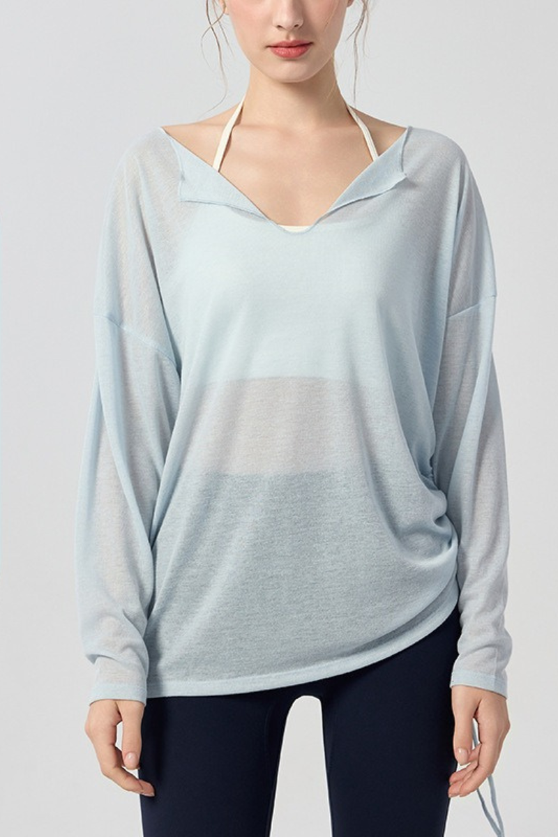 Women's Sheer Notched V-Neck Drawstring Yoga Long Sleeve Top
