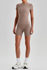 Women's Solid Slim Fit T-shirt & No Front Seam Shorts Yoga Set