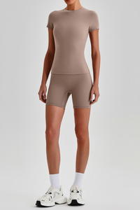 Women's Solid Slim Fit T-shirt & No Front Seam Shorts Yoga Set