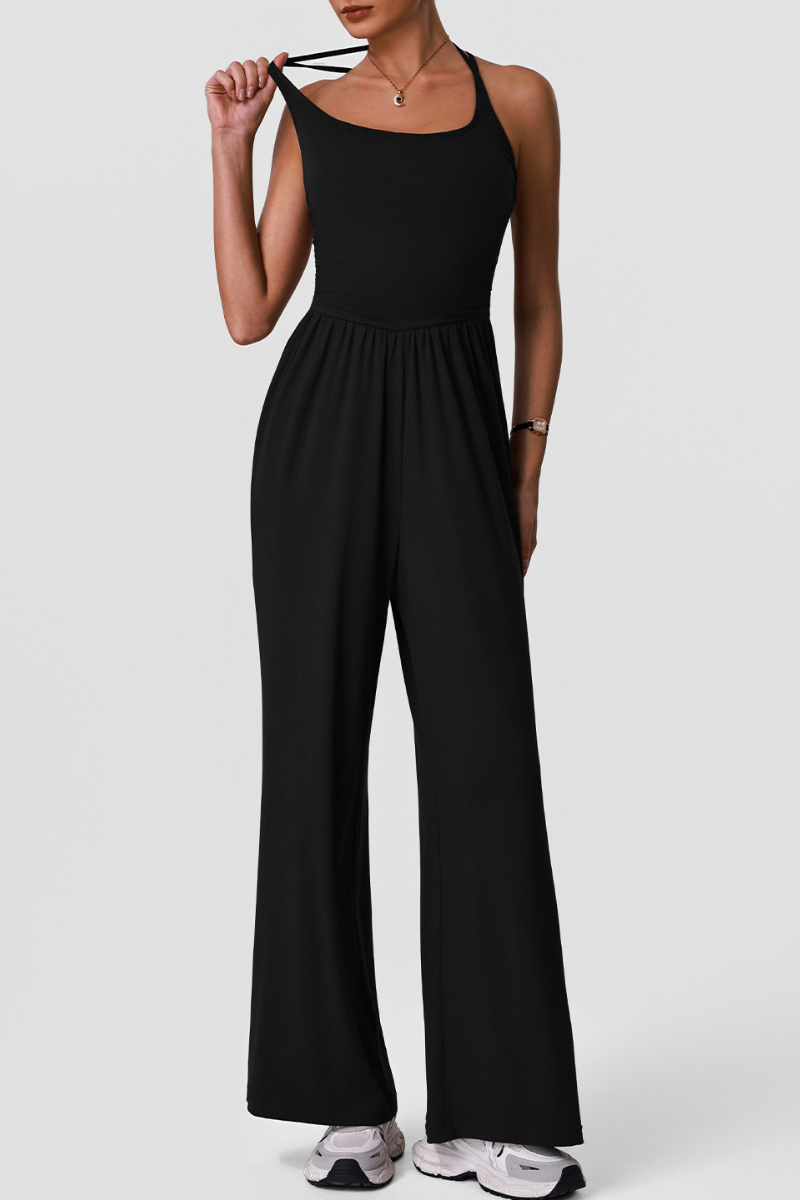 Women's Sports Halter Cross Back Wide Leg Yoga Jumpsuit