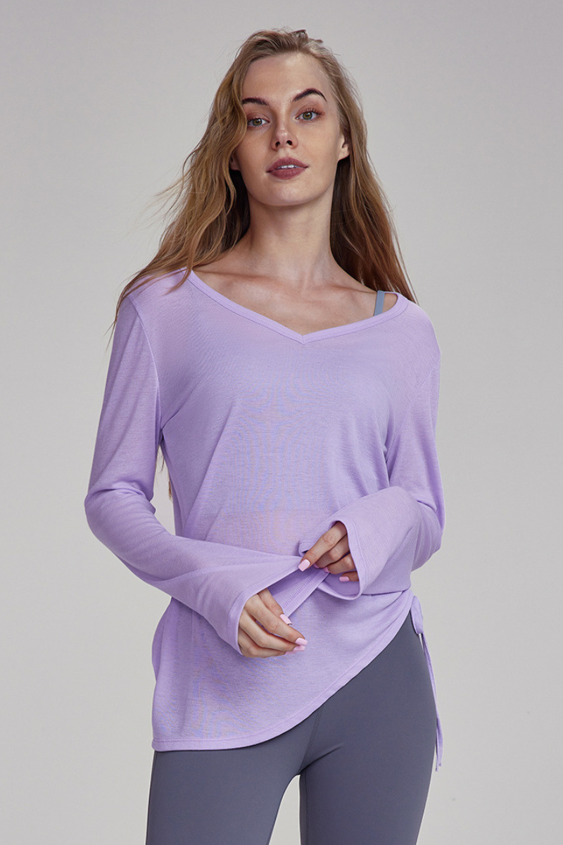 Women's Spring Side Drawstring Loose Yoga Long Sleeve Top