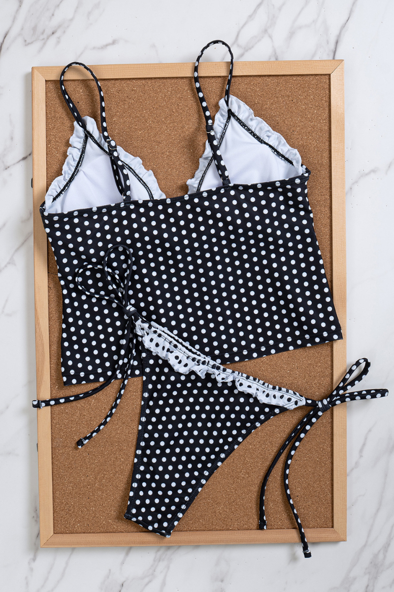 Women's Summer Polka Dot Ruffle Trim Side Tie Tankin Sets