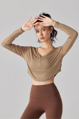 Women's V-Neck Sheer Cropped Long Sleeve Yoga Cover-Up