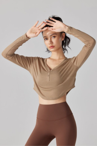 Women's V-Neck Sheer Cropped Long Sleeve Yoga Cover-Up