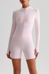 Women's Bare Feel Finger Cuffs Slim Yoga Jacket & Shorts Set