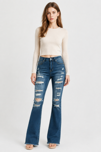Women's Distressed Ripped Frayed Hem Stretch Flare Jeans