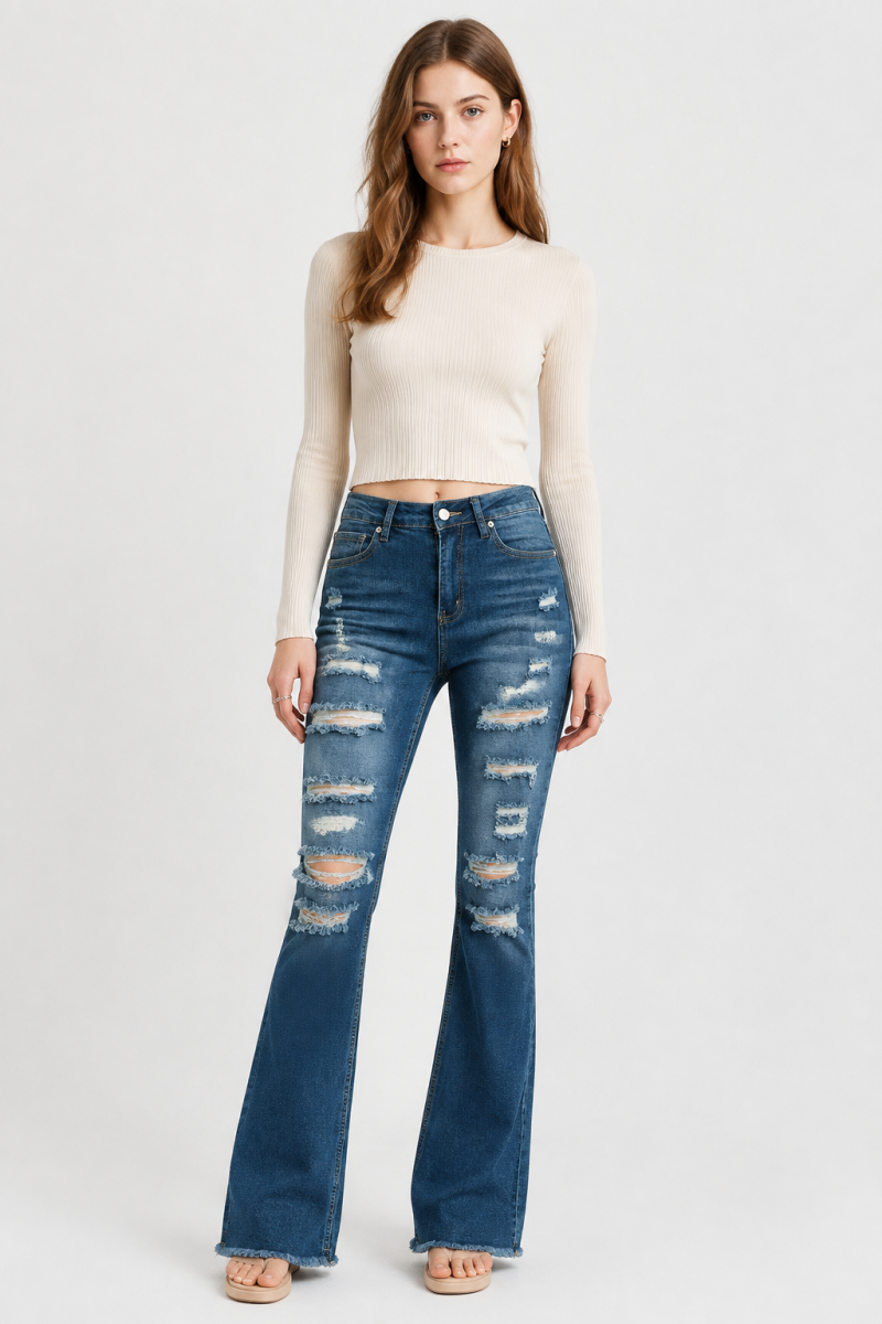Women's Distressed Ripped Frayed Hem Stretch Flare Jeans