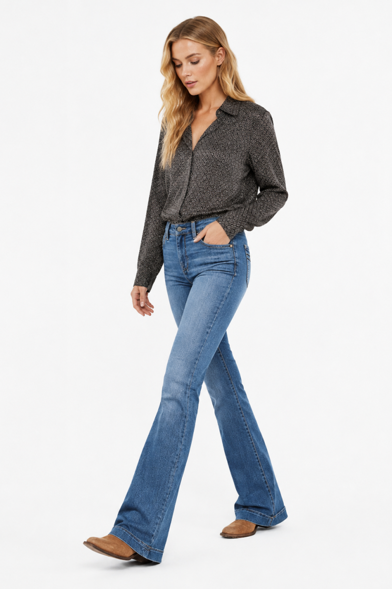 Women's High Waist Flare Jeans with Western Pocket Detail