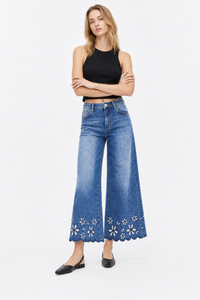Women's High Waist Floral Embroidered Wide Leg Jeans