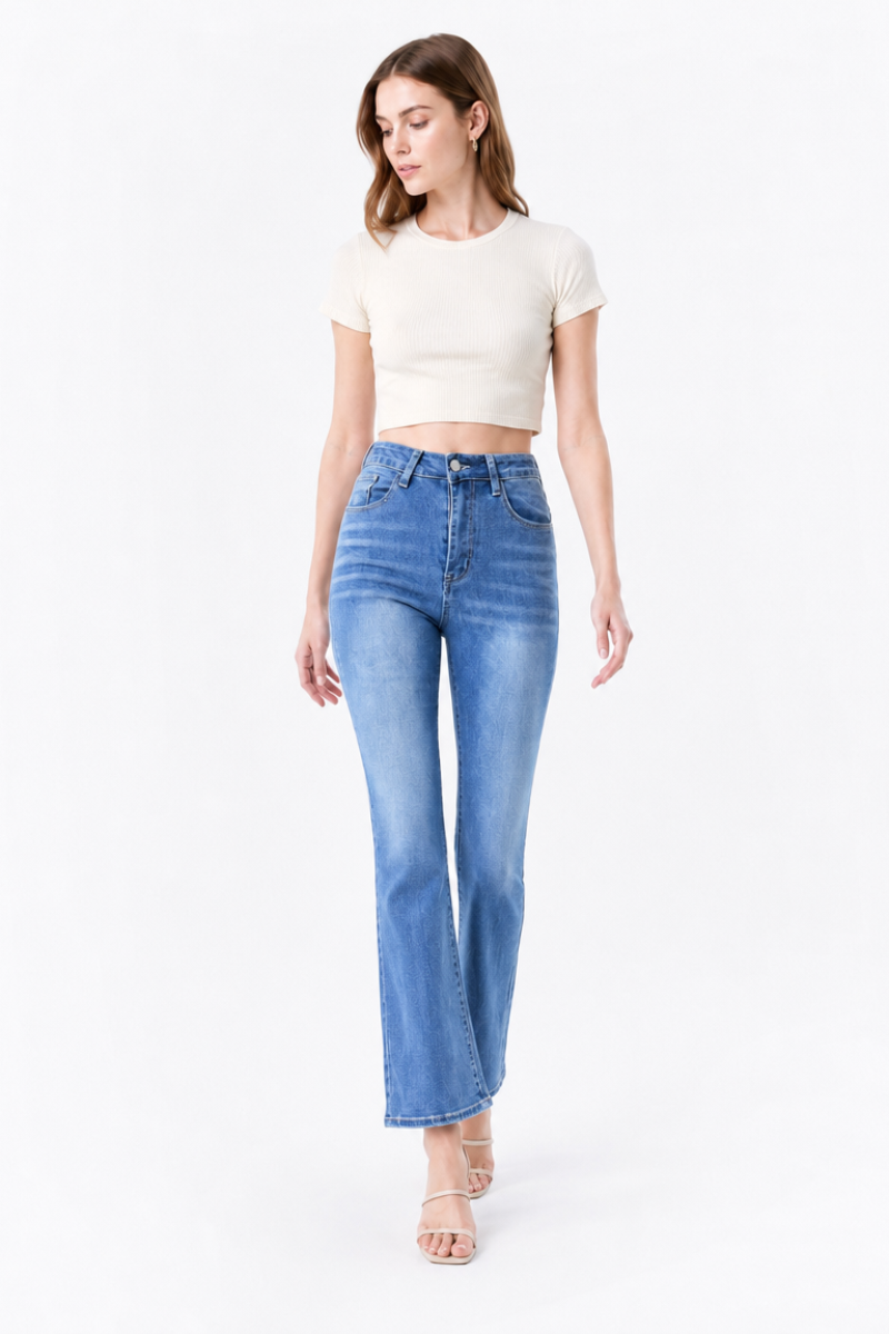 Women's High Waist Stretch Embroidered Pockets Flare Jeans