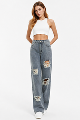 Women's High Waist Distressed Ripped Wide Leg Jeans