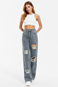 Women's High Waist Distressed Ripped Wide Leg Jeans