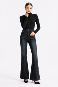 Women's High Waist Flare Jeans with Side Pearl Details
