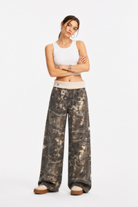 Women's Vintage High Waist Wash Camo Print Wide Leg Jeans