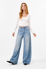 Women's 100% Cotton Mid Waist Wash Wide Leg Jeans