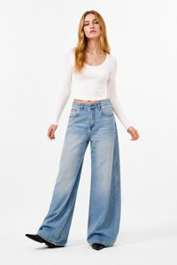 Women's 100% Cotton Mid Waist Wash Wide Leg Jeans
