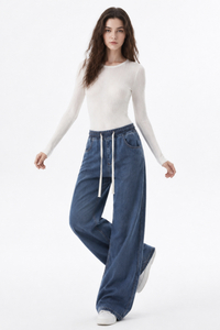 Women's Fall Drawstring Waist Side Pocket Wide Leg Jeans