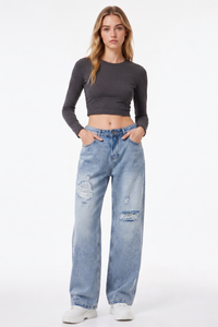 Women's Fall High Waist Ripped Straight Leg Jeans