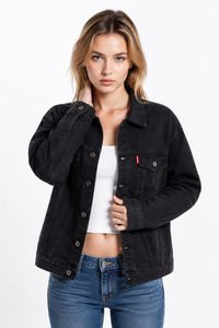 Women’s Black Button Front Chest Pocket Denim Jacket