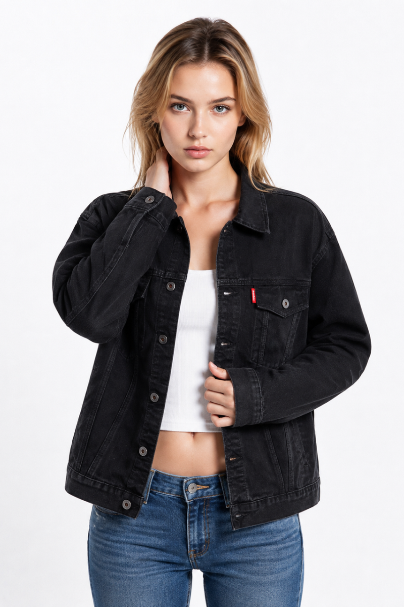 Women’s Black Button Front Chest Pocket Denim Jacket