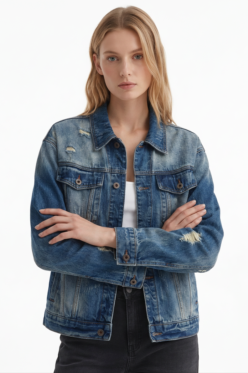Women's Fall 100% Cotton Distressed Wash Casual Denim Jacket