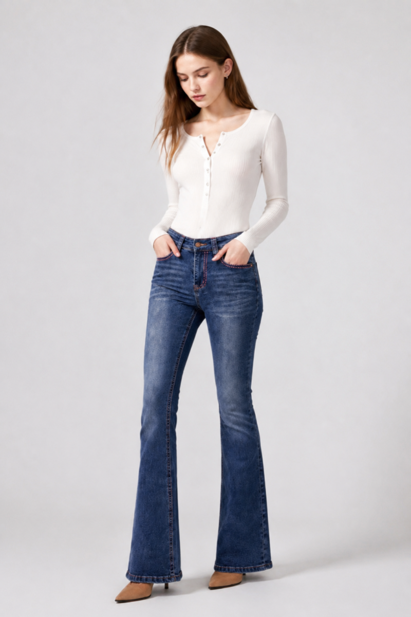 Women's High Waist Flare Jeans with Contrast Stitching
